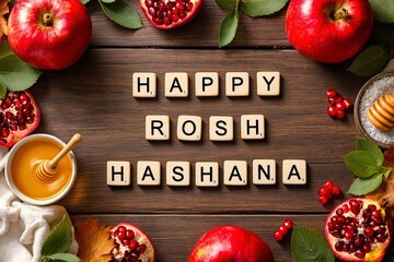 Happy Rosh Hashanah Celebration with Apples, Honey, and Pomegranate