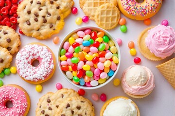 Colorful Assortment of Sweet Treats: Cookies, Donuts, Ice Cream, and Jelly Beans