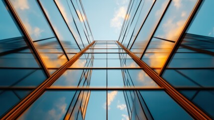 An awe-inspiring view looking up at a modern skyscraper with mirrored glass, reflecting the soft hues of the sky, symbolizing ambition and innovation in urban architecture.