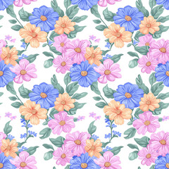 Vibrant Floral Pattern Featuring Beautiful Blue, Pink, and Orange Flowers with Green Leaves on a Light Background for Use in Textiles, Wallpapers, and Crafts