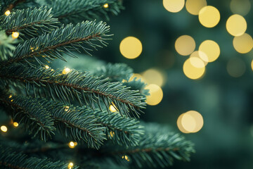 A Christmas tree decorated with a garland. Blurred background, bokeh.