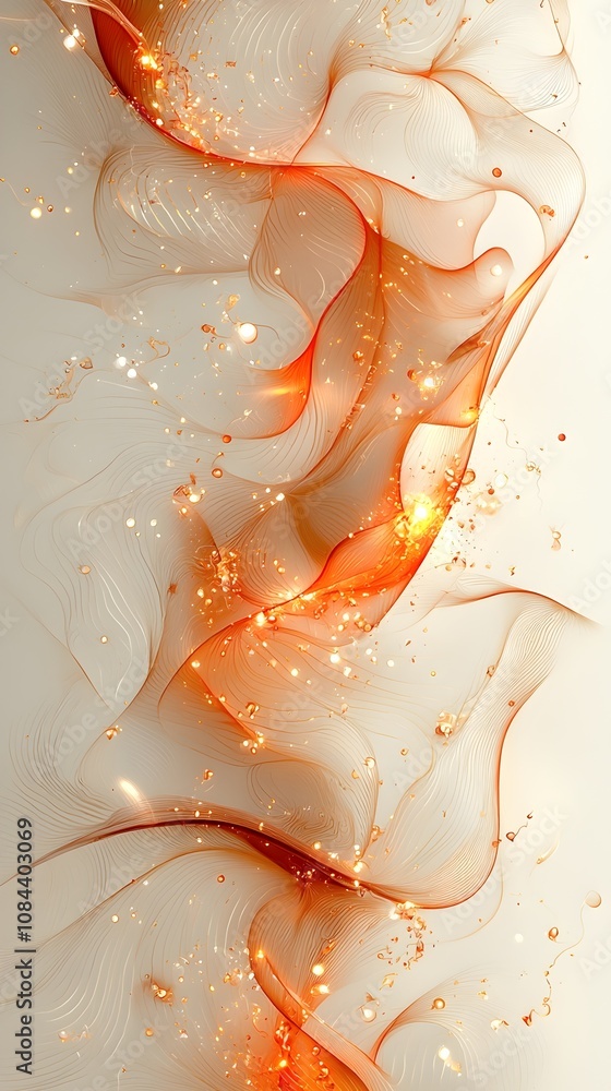 Poster an abstract design featuring flowing, translucent orange waves intertwined with golden sparkles, cre