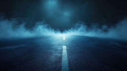 

Dark blue background, asphalt road with smoke and fog