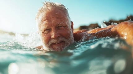 An elderly man with a joyful expression swims in clear blue waters on a sunny day, showcasing happiness, freedom, and the liberation that comes with being in water.