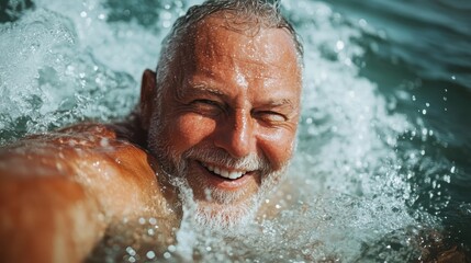 A bearded man swimming in ocean waves with a genuine smile, radiating pure joy and carefree happiness on a sunny day, capturing a moment of natural thrill.