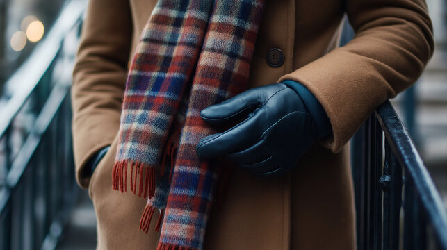 A sophisticated camel coat, styled with a traditional plaid scarf in rich, warm tones, and classic leather gloves, creating an elegant winter look.