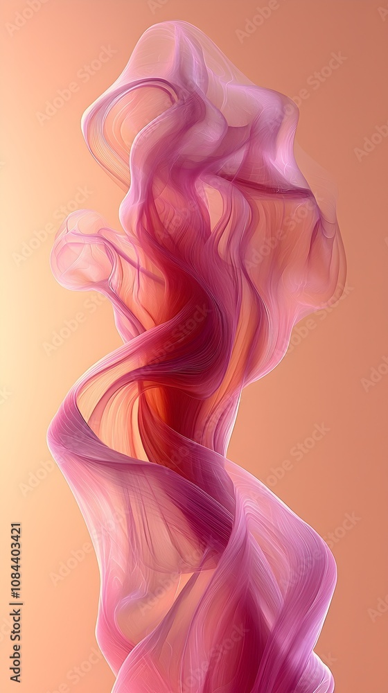 Poster an ethereal swirl of pink and peach fabric-like wisps gracefully intertwine, creating a sense of flu