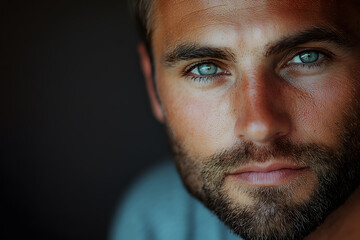 Obraz premium Close-up of a man with piercing blue eyes and soft light. Captivating details, modern portrait, emotional intensity