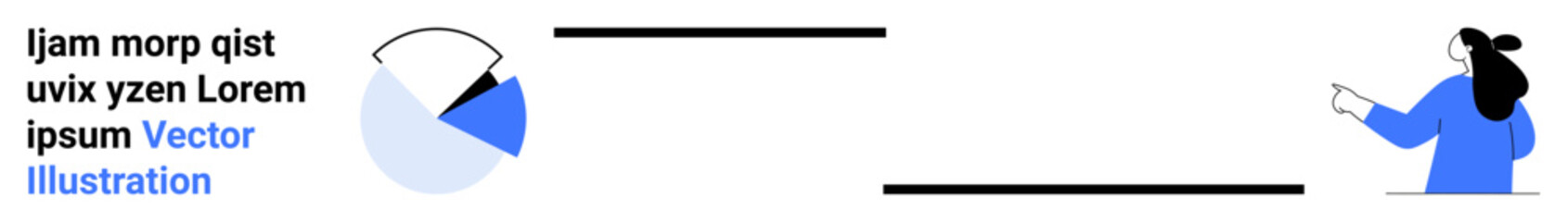 Obraz premium Woman pointing to a text and pie chart. Ideal for business analysis, presentations, reports, education, advertising, web design, digital marketing. Banner for landing page