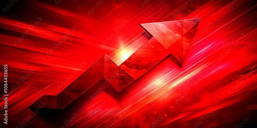 Poster bold red arrow symbol on vibrant red background in double exposure style for creative visuals and gr