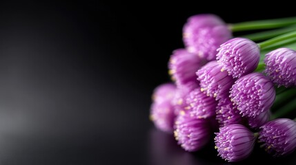 A beautiful cluster of vibrant purple chive blossoms contrasts vividly against a dark backdrop, showcasing a dramatic portrayal of nature's intricate artistry and elegance.