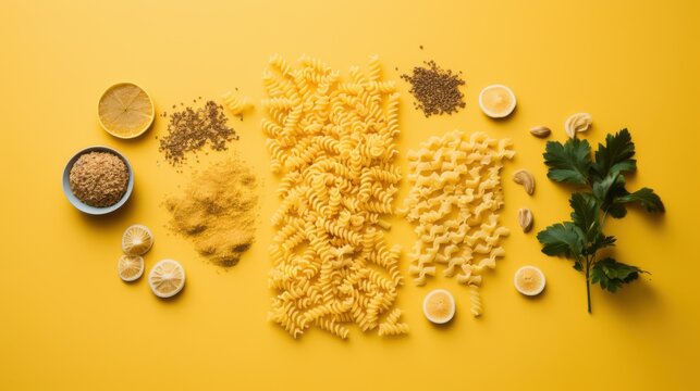 A creative flat lay of various pasta types and spices on a vibrant yellow background, highlighting texture and culinary art.