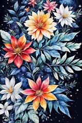 Elegant floral arrangement with striking pink, white blossoms, set against dark blue. Rich green leaves enhance visual appeal, for artistic project needing vibrant touch, greeting card, background.