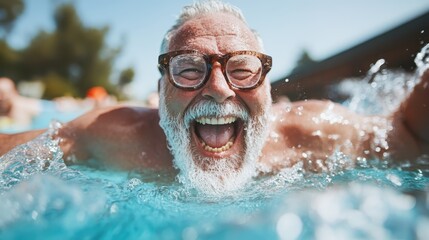 A cheerful elderly man laughing joyfully while swimming in a pool, showcasing his zest for life and enjoyment of the refreshing water on a sunny day.
