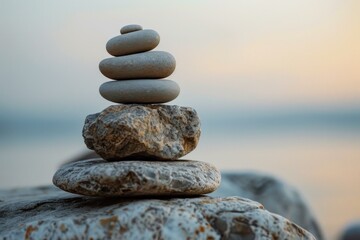 Fototapeta premium Stack of white balancing stones is on top of rocks near body of water during sunset