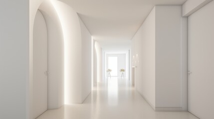 Fototapeta premium A sleek corridor with open doors creates an infinite visual effect, inviting curiosity and exploration in its minimalist design.