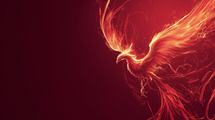 Naklejka premium A stylized phoenix rising with flowing flames and sharp edges, set against a solid dark red background.
