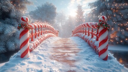 Enchanted Candy Cane Bridge: A whimsical winter wonderland scene unfolds, inviting you to cross a charming bridge adorned with candy canes, leading to a sunlit path through a snow-covered forest.