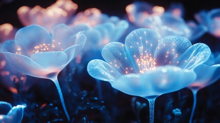 Obraz premium Abstract glowing blue flowers with orange dots on a dark background.