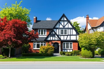 Modern English-style brick house with green lawn and trees in daylight