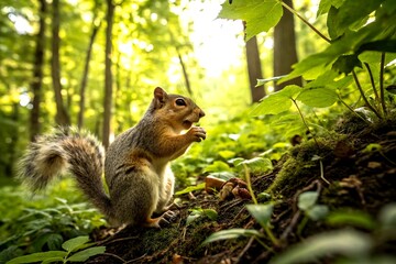 Candid Moments of Playful Squirrels in Nature: Capturing Their Curiosity and Energy in a Lush Forest Setting