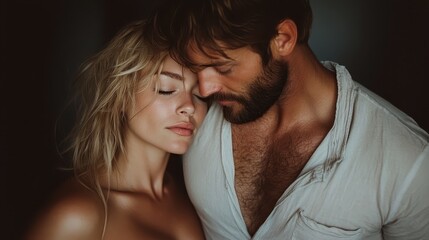 A passionate couple sharing an intimate embrace in soft lighting, eyes closed as they express a deep connection and tenderness, captured in a stylish moment.