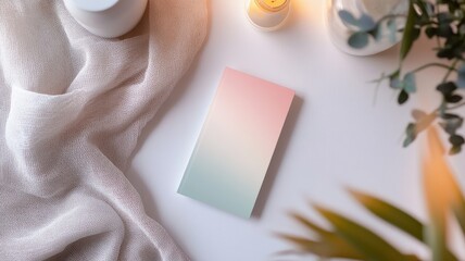 Obraz premium Gradient journal with candles and plants on cozy fabric surface