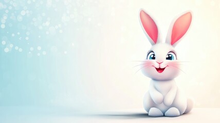 Fototapeta premium Happy white cartoon bunny with big ears and bright eyes sitting