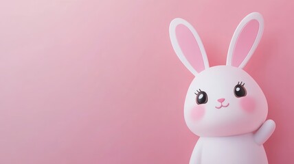 Cute, white cartoon bunny waving with pink background