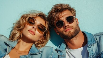 Obraz premium A fashionable young couple, both wearing sunglasses and denim jackets, pose against a vibrant blue wall, exuding a modern and carefree vibe.