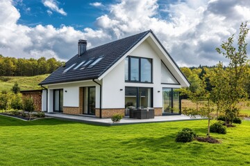 Modern English-style brick house with green lawn and trees in daylight