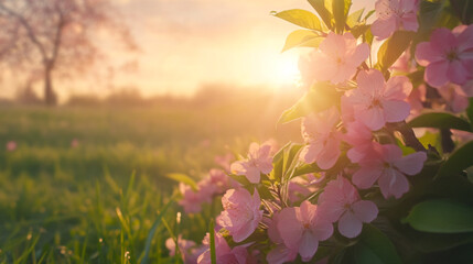 Obraz premium Beautiful pink flowers bloom in the golden sunlight during a serene spring evening