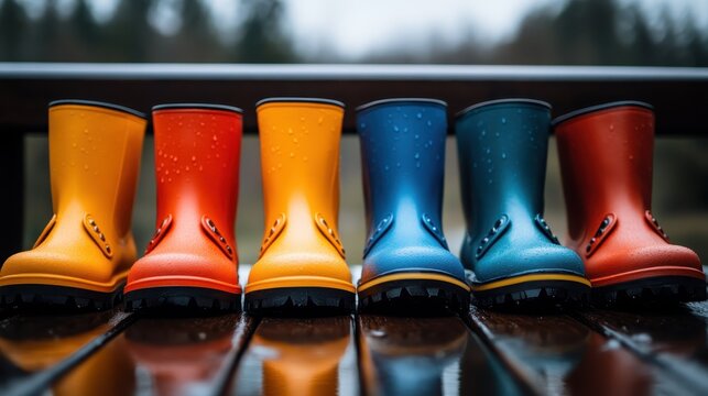A vibrant row of colorful rain boots is neatly arranged on a wooden bench outdoors. The boots display various bright hues, creating a cheerful visual arrangement. - Powered by Adobe