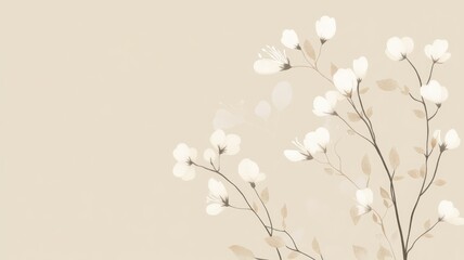 Elegant floral illustration of delicate white blossoms on brown stems, set against beige background