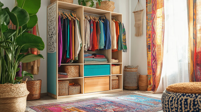 A vibrant, open wardrobe with colorful fabric panels, bamboo shelving, and a mix of hanging space and woven baskets, set against a backdrop of a boho-chic room with patterned rugs and plants.