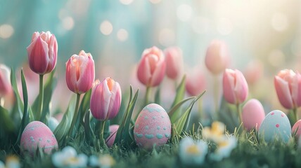 Pink tulips and decorated Easter eggs in sunny, grassy garden