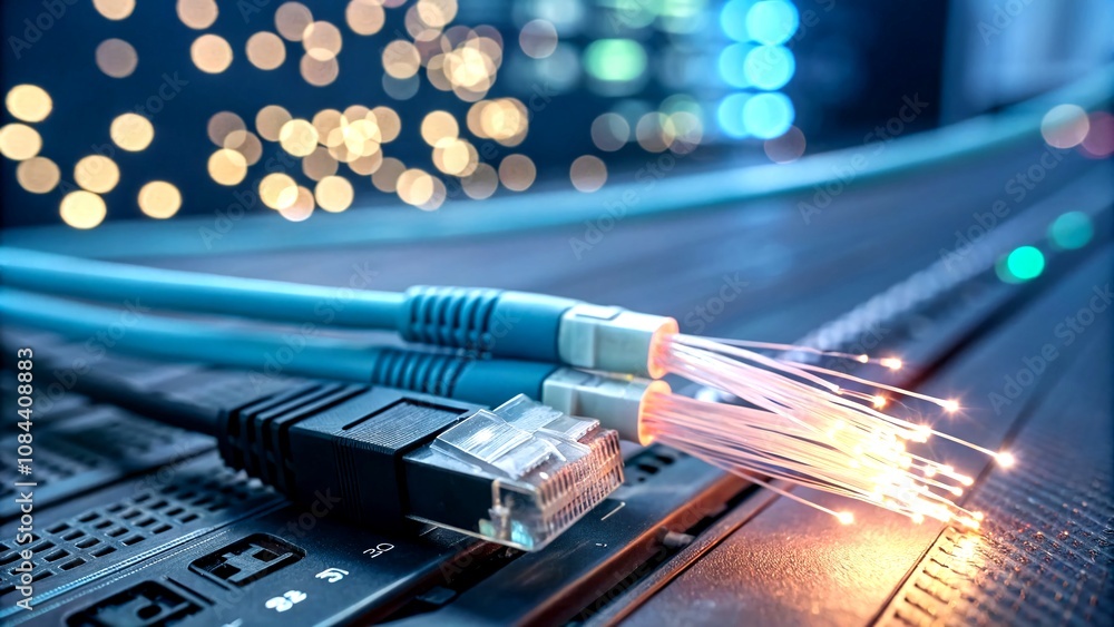 Poster captivating bokeh effect showcasing a glowing internet connection with fiber optic cables and digita