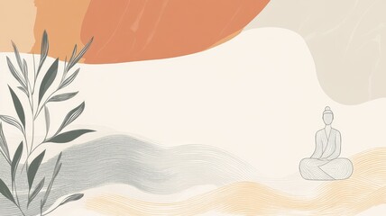 Minimalist illustration of person meditating among abstract designs and foliage