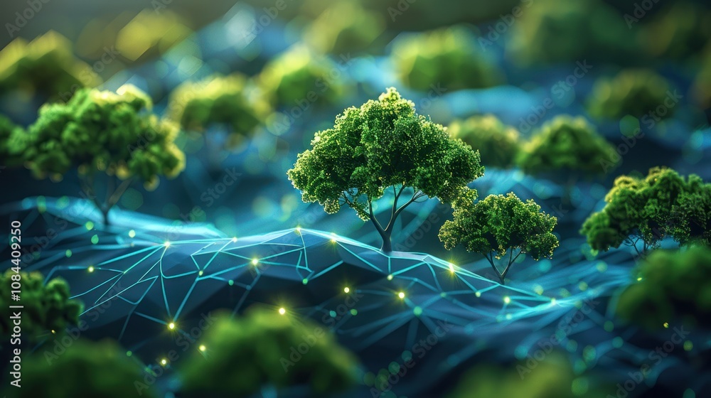 Poster a digital rendering of a forest with trees growing on a network of glowing lines.