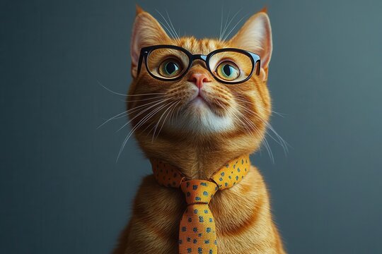 playful cat donning a tie and glasses, exuding charm and personality against a gray backdrop. the quirky attire adds a humorous twist to the scene, blending fashion with feline fun