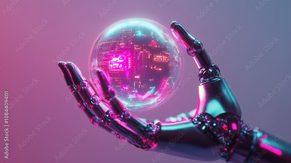Poster robotic hand with glowing orb representing ai