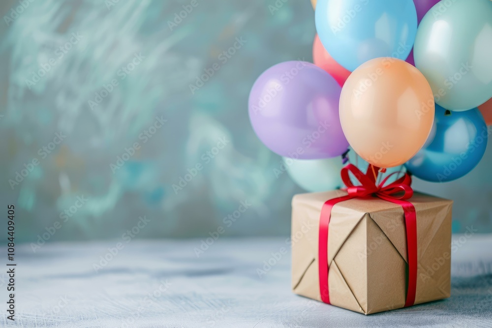 Poster gift box tied with colorful balloons floating on a table with a textured background for your birthda