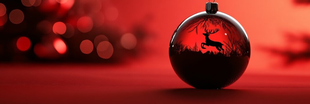 Red Christmas ball, minimalist design, reindeer silhouette, festive, winter.