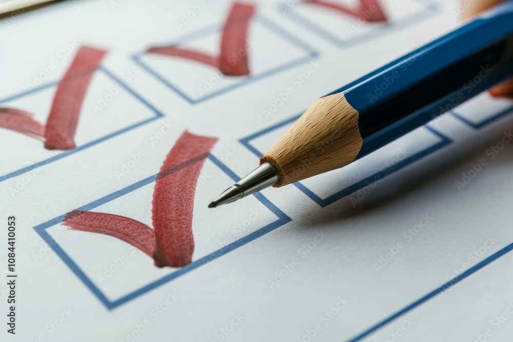 Aufkleber person is completing a series of tasks, using a pencil to mark red checkmarks on a clipboard