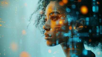 AI and Cybersecurity: Futuristic Portrait with Digital Code and Data Visualization, Female Cyber Analyst Analysing IT Security Threats Online, Generative AI