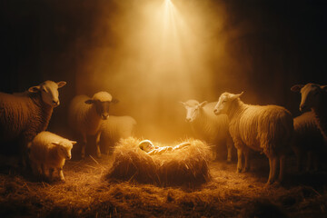 Fototapeta premium Nativity Scene Jesus Child Sleeping in Manger Nearby Lambs