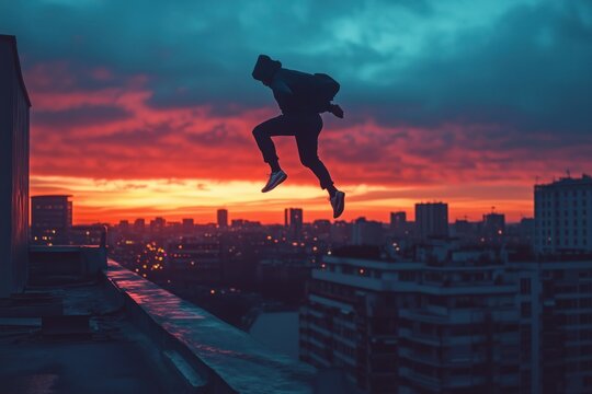 Young man jumping from one rooftop to another at sunset