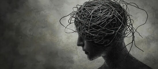 Tangled thread in head concept, representing mental health and psychotherapy with states mind