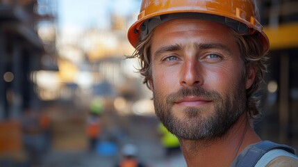 Fototapeta premium portrait of a confident construction professional wearing a hard hat, surveying a bustling construction site, emphasizing skill, determination, and expertise in building and design
