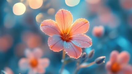 Fototapeta premium Focused Primrose bloom with soft petals, surrounded by a dizzy, pixelated and abstract background, creating a surreal visual effect.